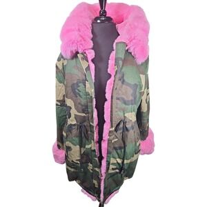 NWOT Roiii Pink Faux Fur-lined Coat with Camo Cotton Blend Shell